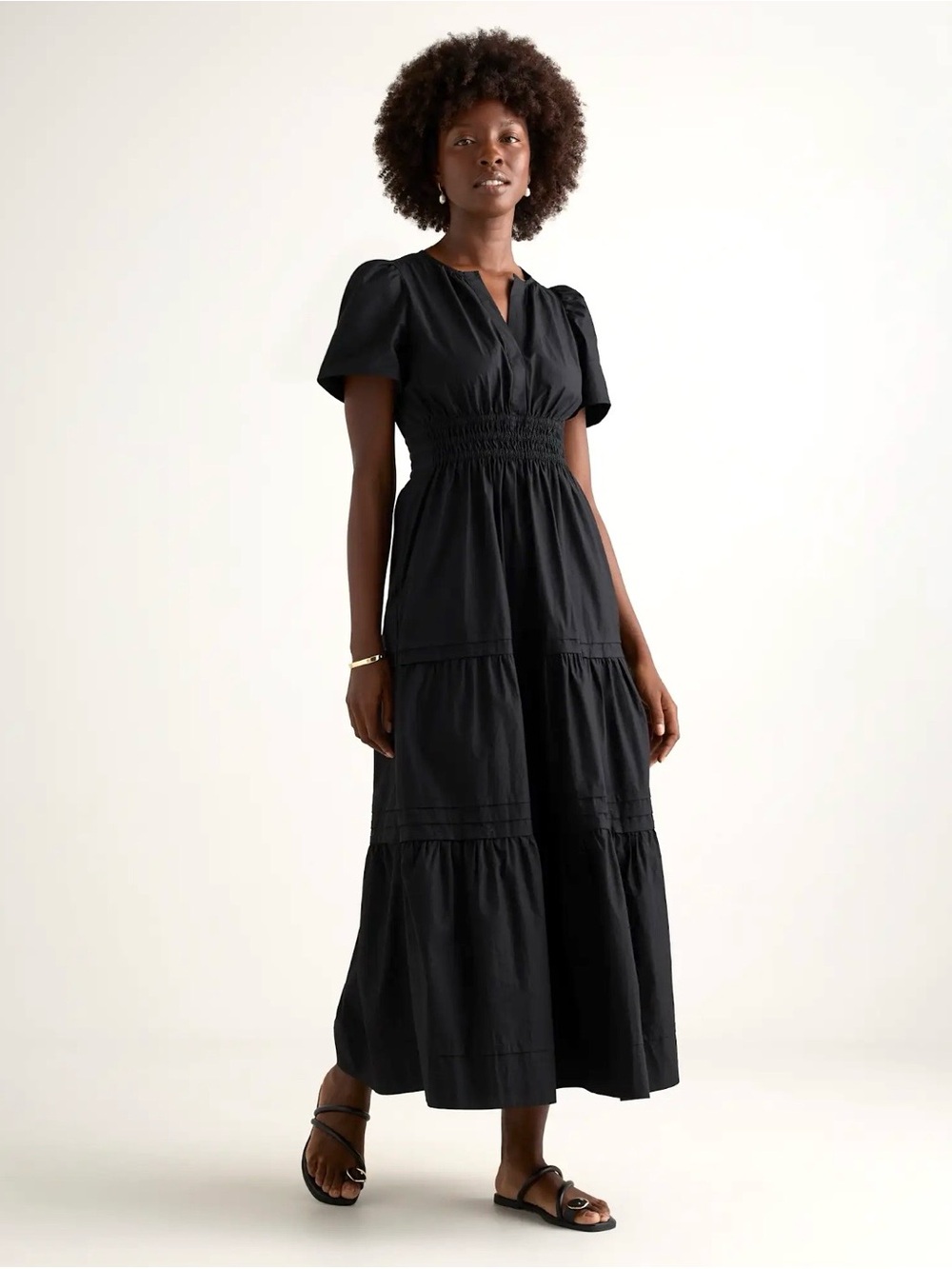 Quince Organic Cotton Poplin Black Tiered Maxi Dress Smocked Waist Medium NWT M